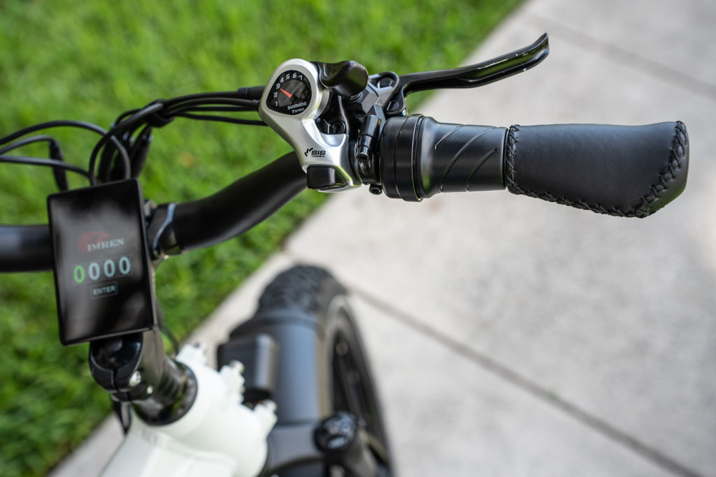 Handlebar view with LCD display and Shimano shifter on IMREN electric bike
